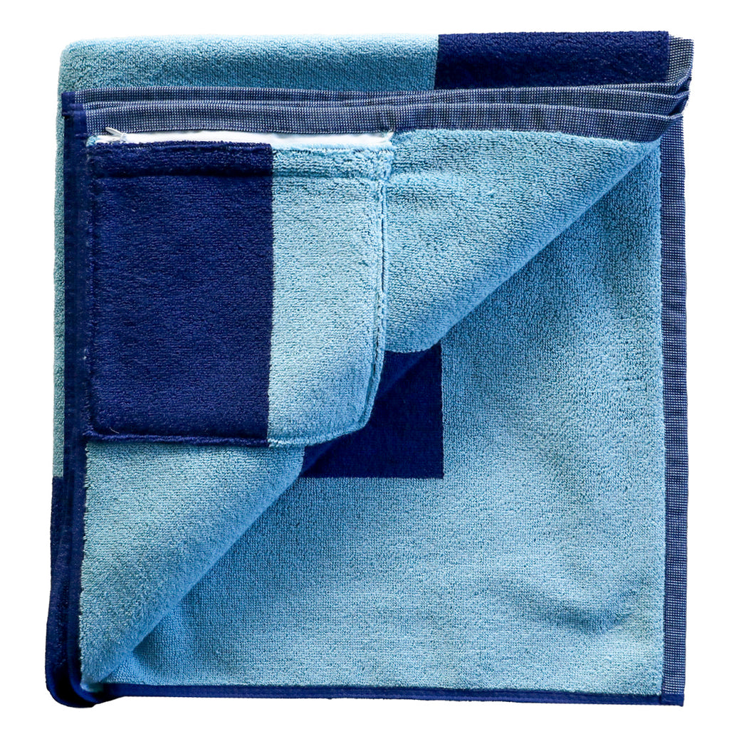 OCEAN BLUE - Old School Terry Towelling Beach Towel with Hidden Zip Pocket